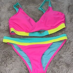 Vibrant Pink and Green Women's Swimwear Set